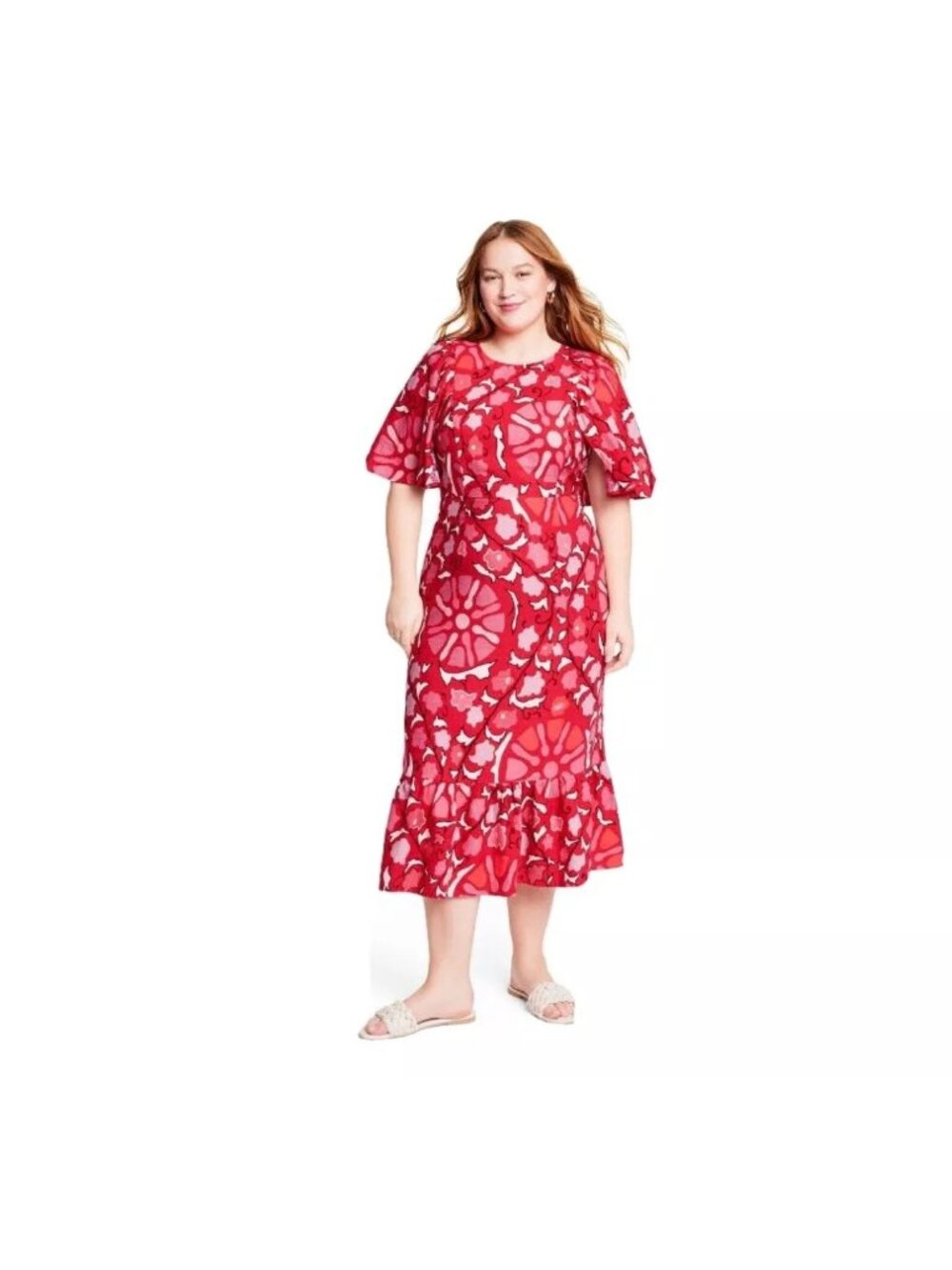 Rhode X Target Size 14 NEW Red Zinnia Floral Print Short Bell Sleeve Midi Dress - Picture 2 of 16